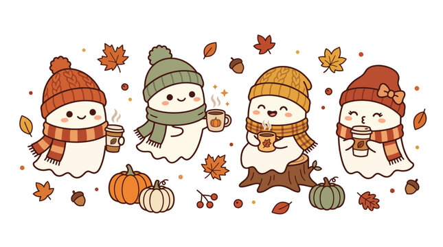 Kawaii autumn ghost vector set, cute spooky characters in winter hats and scarves, cozy fall season ghosts with coffee and pumpkins