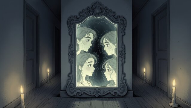 halloween haunted mirror with four faces in an eerie room illuminated by candles