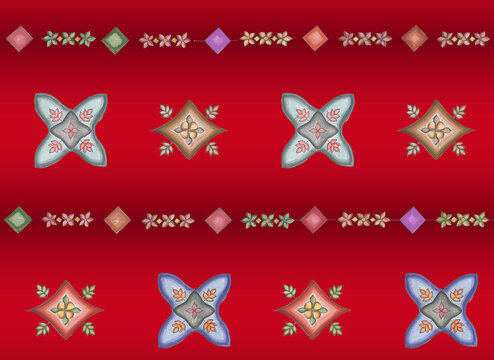Seamless repeating pattern with Flowrs motifs placed at different angles, balanced by smaller floral elements and filler