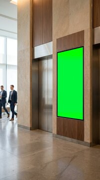 Vertical digital screen mockup with chroma key green background in a modern corporate office building elevator lobby with businessmen walking