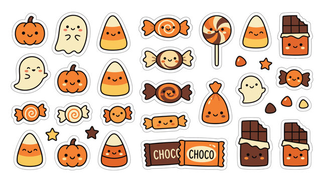 Kawaii Halloween candy sticker set, cute spooky ghost and pumpkin icons, 28 cartoon treats and chocolate vector elements