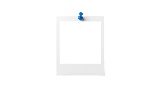 Vintage white instant photo frame pinned with a blue push pin, retro paper picture border for memories displaying, blank instant photo display for scrapbooking isolated on transparent background