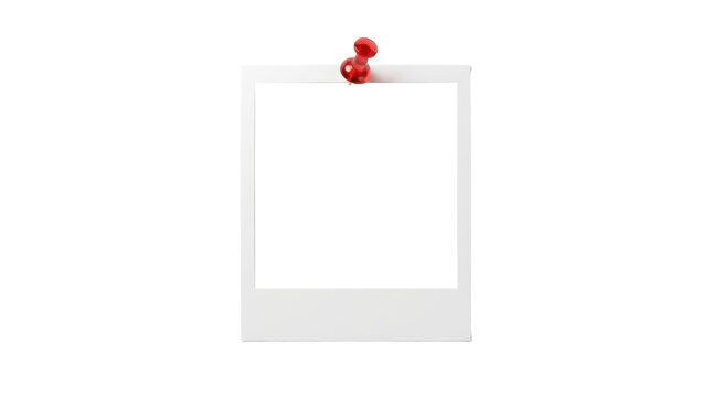 Blank white instant photo frame pinned with red pushpin, square retro paper picture border for memories, blank photo frame for scrapbooking albums isolated on transparent background