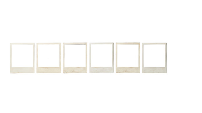Vintage instant photo frames, horizontal row of six blank polaroid style film borders, retro white paper picturedesign elements for scrapbooking isolated on transparent background