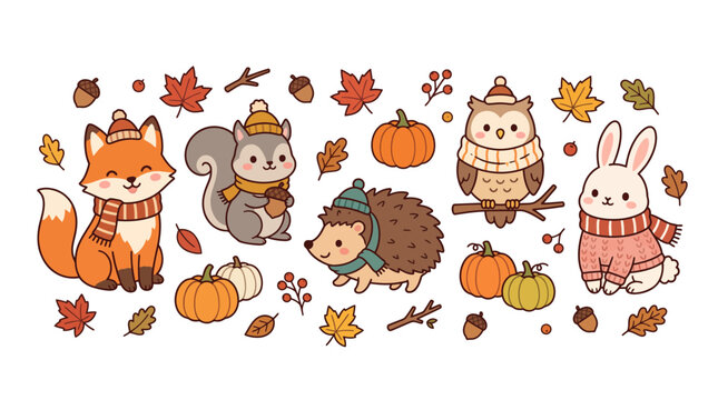 Kawaii autumn forest animals vector set, cute woodland creatures in winter clothes, fall leaves and pumpkins collection for seasonal decor