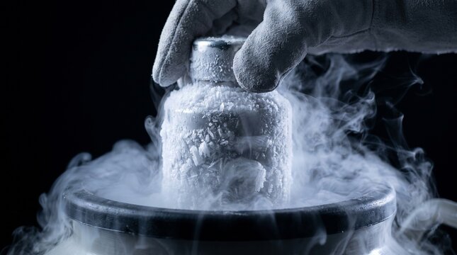 Gloved hand pulling frozen vial with nitrogen vapor from dewar