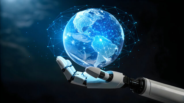 Futuristic robotic hand holding a glowing digital earth globe representing global connectivity and advanced artificial intelligence technology
