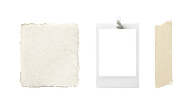 Textured white handmade paper sheet, vintage instant photo frame pinned with pushpin, adhesive strip, retro stationery elements for art projects isolated on transparent background