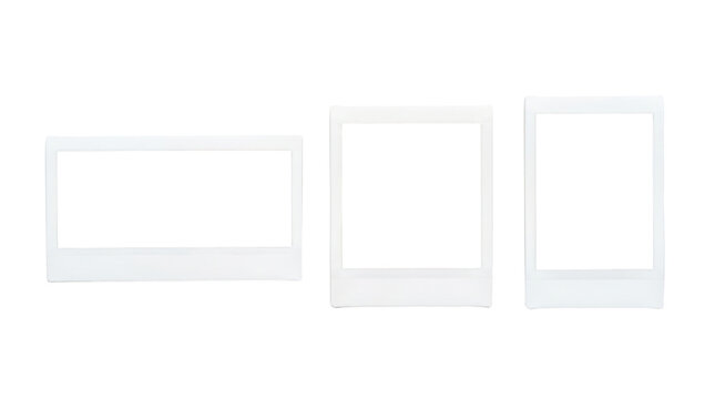 Vintage instant photo frames, set of three blank polaroid style film borders, retro white paper picturedesign elements for scrapbooking isolated on transparent background