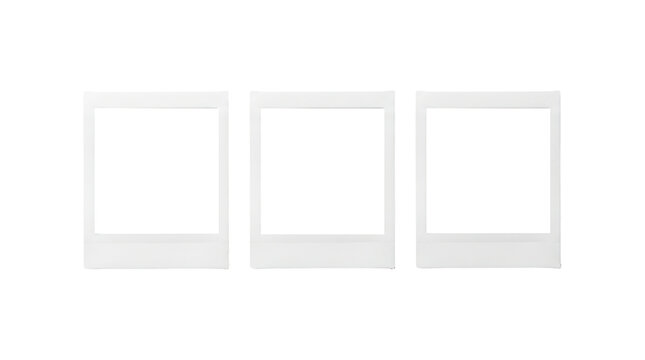 Vintage instant photo frames, set of three blank polaroid style film borders, retro white paper picturedesign elements for scrapbooking isolated on transparent background