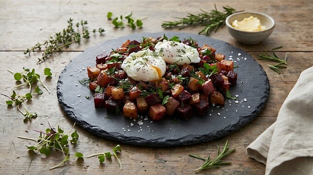 A gourmet beet hash dish with two poached eggs served on a rustic stone plate on a wooden table for a healthy meal