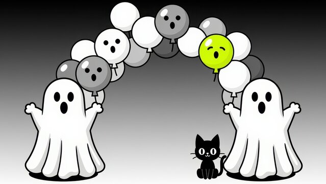halloween festive ghost arch with balloons and cat