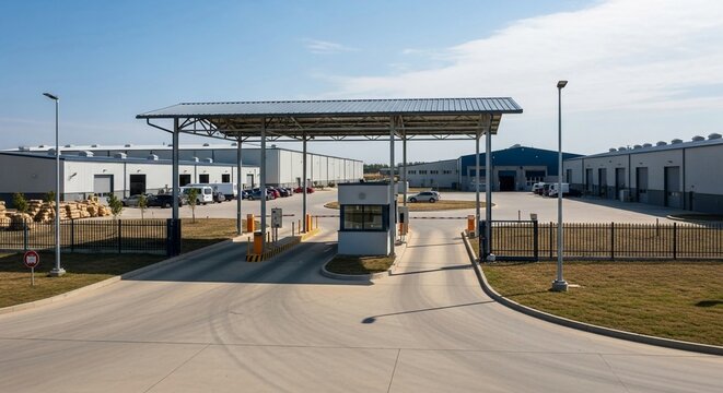 Security checkpoint entrance to an industrial facility with a guard booth and access control system.