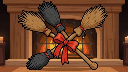 Fototapeta premium halloween broomsticks crossed in front of fireplace with red bow