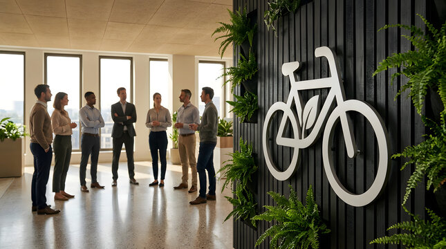 Professional business team, standing and talking in sustainable office lobby, vertical garden wall with bike icon and ferns, modern bright workspace interior, corporate green company promotion.