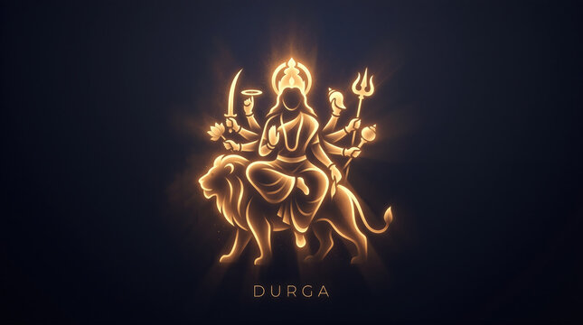 Hindu goddess Durga riding lion glowing golden light outline on dark background
