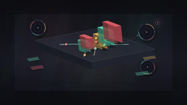 Digital abstract motion graphics displaying geometric block structures and floating interface elements in a professional high tech animation video footage