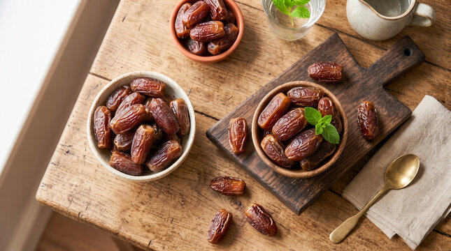 Top-down view of sweet dried dates presented in multiple ceramic and wooden bowls on a rustic board, alongside water and a golden spoon.