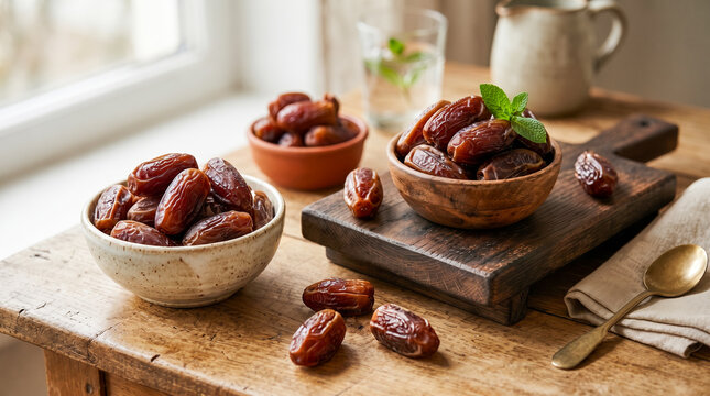 Sweet dried date fruits served in bowls on a wooden cutting board and table, accompanied by a glass of water and pitcher.