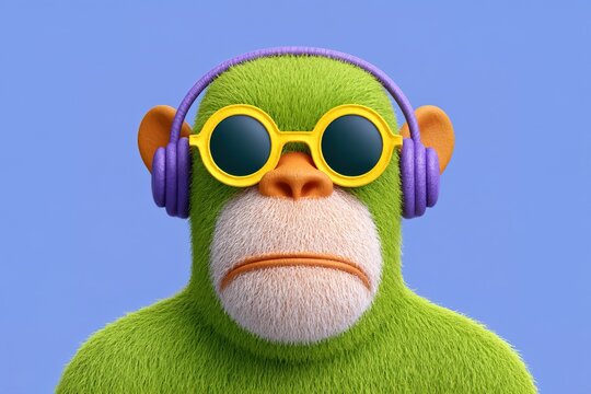 Green monkey wearing headphones and sunglasses in a blue background