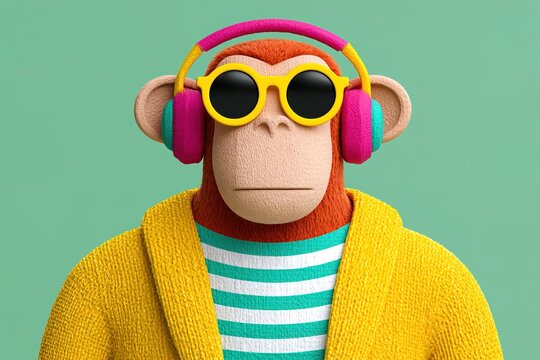 Monkey wearing sunglasses and headphones in a colorful setting