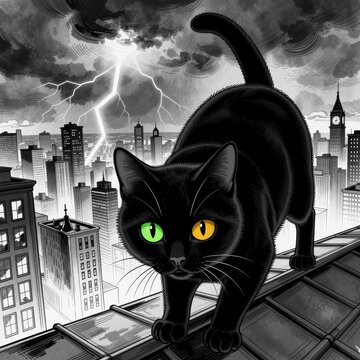 Halloween black cat with glowing eyes on rooftop against stormy city skyline