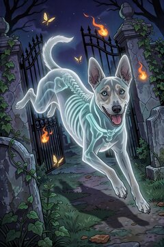 haunted halloween dog glowing skeleton leaping from graveyard gate with fire and butterflies