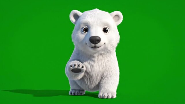Cute Animated Polar Bear Cub Waving on Green Screen Background