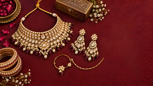 Luxury Indian Bridal Jewelry Set with Kundan Necklace, Earrings and Bangles on Red Background