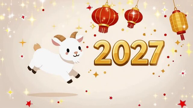 Playful cartoon goat jumping beside golden 2027 numbers with red lanterns and sparkling stars chinese new year zodiac celebration illustration