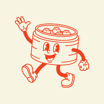 Retro cartoon character of a steaming dim sum basket waving hello.