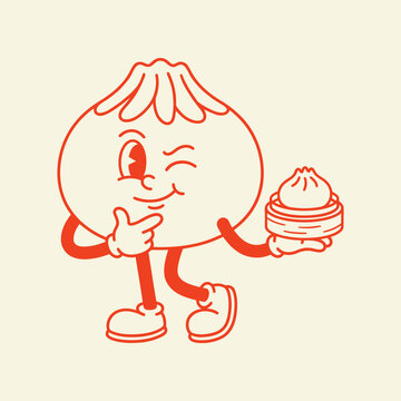 Retro Cartoon Dumpling Character Holding a Steamer Basket.