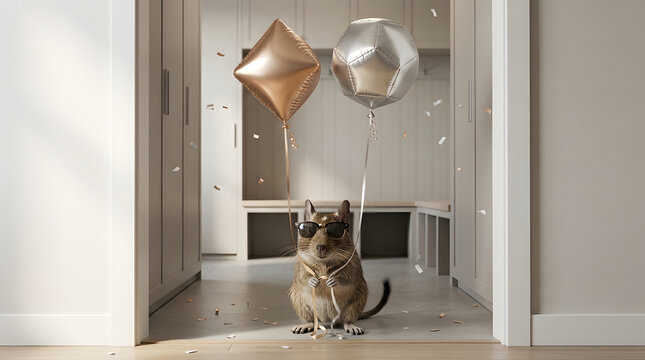 Funny degu rodent, wearing sunglasses and holding gold silver foil balloons, confetti falling in bright modern hallway, minimalist home background setting, ideal for party celebration marketing