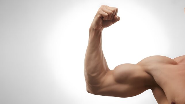 Powerful male arm with biceps flexed against clean bright studio background