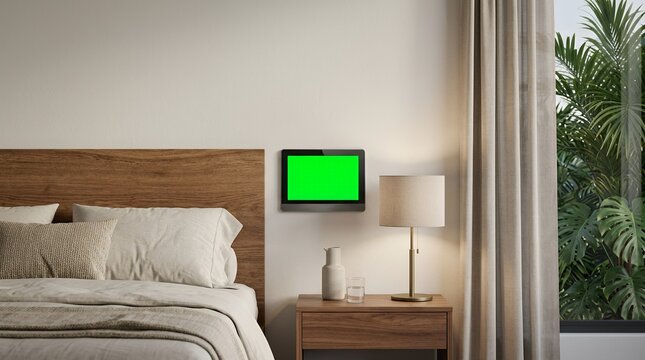 Modern Smart Home Touchscreen Control Panel Mounted on Bedroom Wall for Home Automation