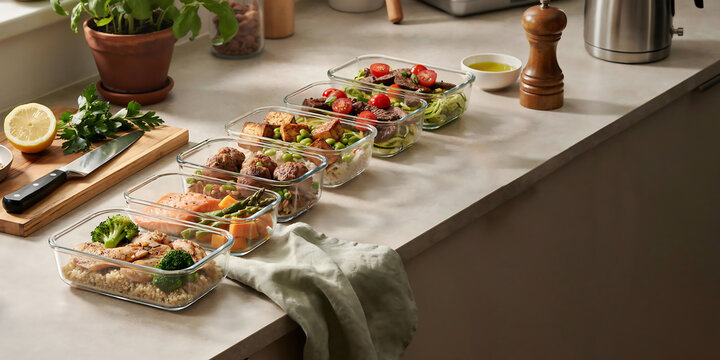 Healthy Meal Prep Glass Containers with Balanced Food Portions on Kitchen Counter
