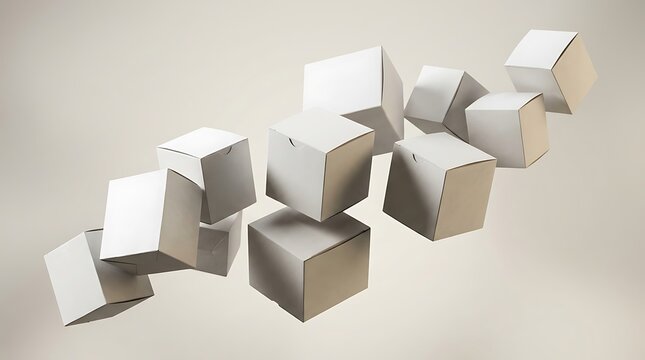 A collection of 12 square boxes floating in the air against a neutral background representing modern minimalist product packaging and design concepts