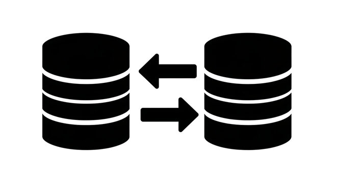 Black database icon with bidirectional arrows representing data synchronization and server transfer