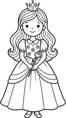 Fototapeta premium Adorable princess with crown and wand black and white line art isolated on transparent background
