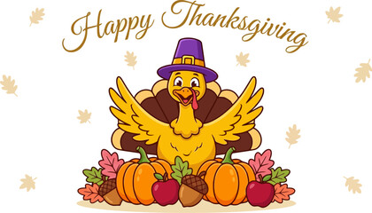 Fototapeta premium Cute cartoon turkey wearing a hat for thanksgiving with pumpkins and autumn leaves Vector