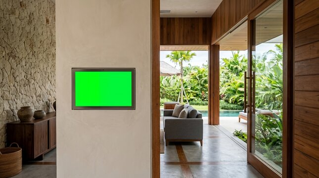 Smart home touchscreen display panel mounted on a wall inside a modern luxury tropical villa living room with green screen for mockup