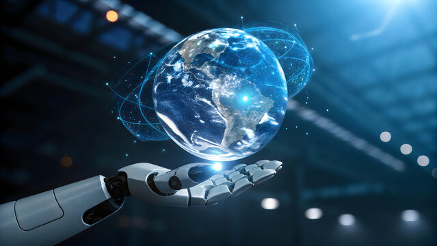 Futuristic robotic hand holding a glowing digital earth globe representing global technology and artificial intelligence connectivity