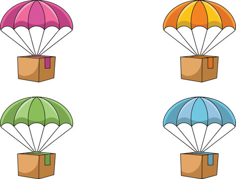 Set of four colorful parachutes with cardboard delivery boxes, aerial shipping concept for ecommerce, logistics, parcel delivery, courier services, and vector design.

