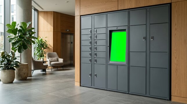 Modern automated smart parcel locker system with green screen display located in a bright contemporary building lobby with indoor plants
