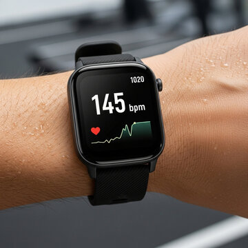 Close up of a sweaty arm wearing a smartwatch displaying heart rate during exercise