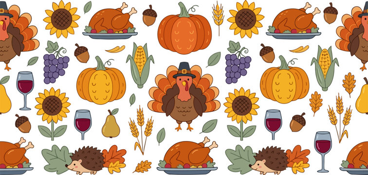 Thanksgiving pattern with turkey pumpkin sunflower corn and roasted chicken food elements Vector