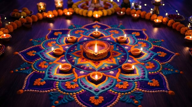 Intricate blue and purple sand rangoli with glowing oil lamps for Diwali celebration