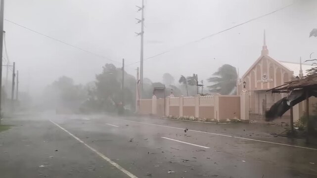 Extreme hurricane-force winds battering a house and causing debris to fall.
