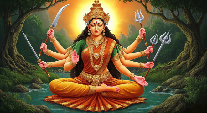 Hindu goddess Durga meditating with multiple arms and weapons in forest