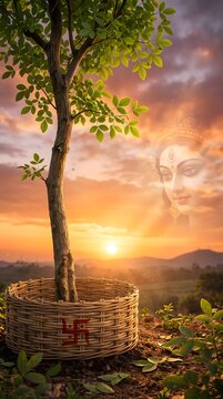 Divine goddess durga face with bilva tree in wicker basket at sunset with spiritual growth